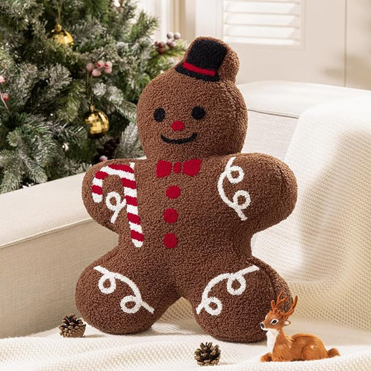 Phantoscope Gingerbread Series Merry Christmas Throw Pillow, Plush Teddy Sherpa Mr. Gingerbread Xmas Shaped Christmas Decorative Pillow with Hat & Cane for Couch Living, Bedroom, Coffee, 13x19 inches