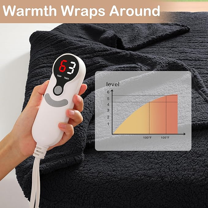 Electric Heated Blanket Full Size 72"×84" with 9 Heating Levels & 1-10Hs Auto Off，Double Sided Plush Sherpa, Energy Efficient, Machine Washable, for Couch & Bed, Black