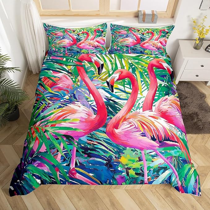 Erosebridal Flamingo Comforter Set King Size, Tropical Leaves Room Decor Down Comforter, Palm Tree Pattern Quilted Duvet, Colorful Comforter Set, with 2 Pillow Cases,Super Soft Breathable