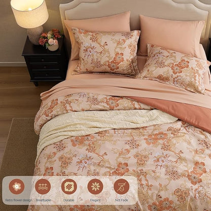 Queen Comforter Set -7 Pieces Terrecotta Floral Comforter Set for All Seasons, Bed in a Bag Queen with Botanical Flowers Comforter, Sheets, Pillowcases & Shams