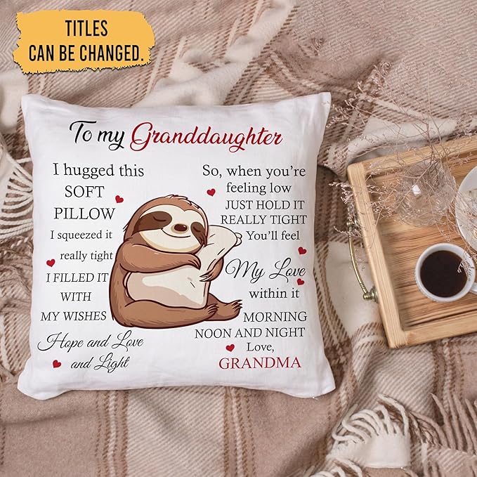Hyturtle Personalized to My Granddaughter Pillow (Insert Included) Gifts from Grandma - Birthday Graduation Gifts for Granddaughter - Sloth Custom Name Sofa Couch Cushion Home Decor Throw Pillow