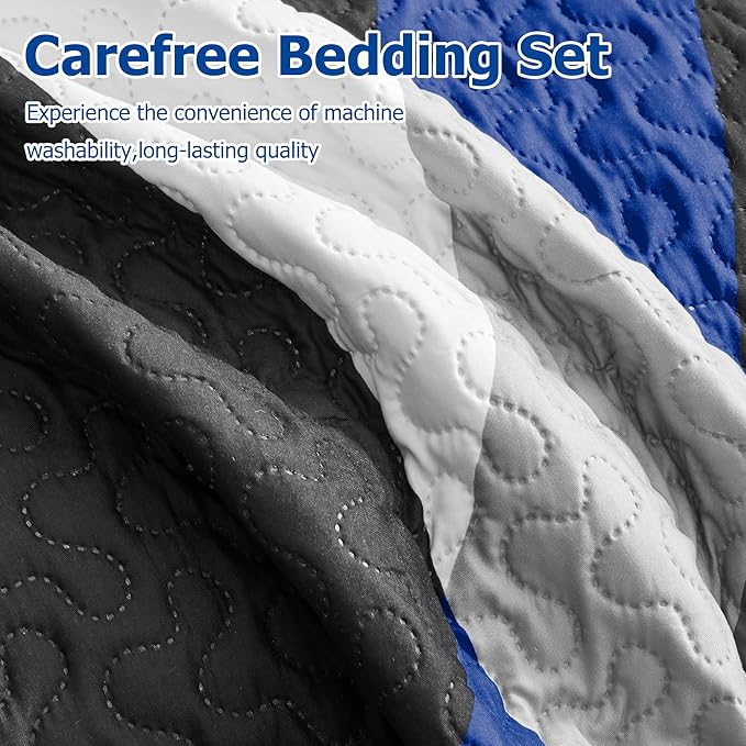 weesire Black and Blue Bedding Quilt Queen Size with 2 Shams, Modern Stripe Comforter Sets Classic Line Pattern Bedspreads Grey and Blue Coverlet, 90''x96''