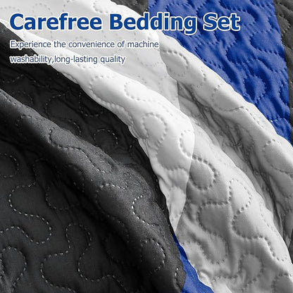 weesire Black and Blue Bedding Quilt Queen Size with 2 Shams, Modern Stripe Comforter Sets Classic Line Pattern Bedspreads Grey and Blue Coverlet, 90''x96''