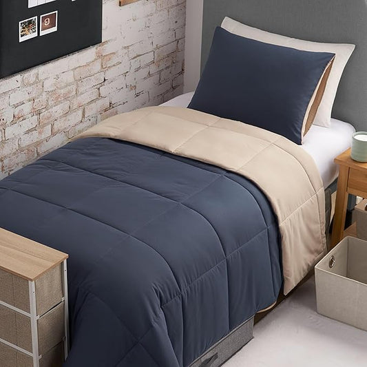 Reversible Box Stitch Comforter Set, 2-Piece Twin/Twin XL – Navy Blue/Tan – Stylish Bedding Set