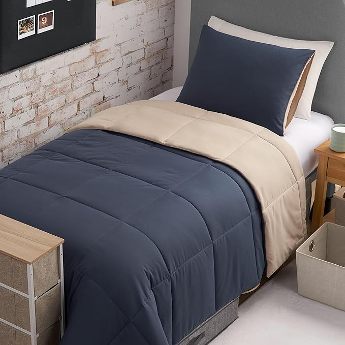 Reversible Box Stitch Comforter Set, 3-Piece Full/Queen – Navy Blue/Tan – Stylish Bedding Set