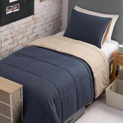 Reversible Box Stitch Comforter Set, 3-Piece King – Navy Blue/Tan – Stylish Bedding Set