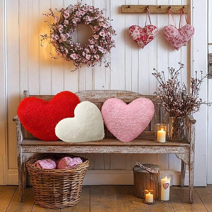 Bucherry 3 Pcs Valentine's Day Heart Throw Pillows, Red White Pink Heart Pillow Soft Decorative Back Cushion for Girls Women Bed Sofa Valentines Wedding Gifts Home Decor(Plush,Without Ruffed)