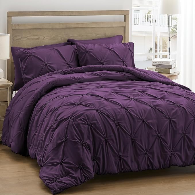 UNIKOME Queen Comforter Set Purple - Ultra Soft Boho Pintuck Down Alternative Bedding Set for All Seasons, 3 Pieces Lightweight Warm Pinch Pleat Bed Set with Comforter, 2 Pillowcases