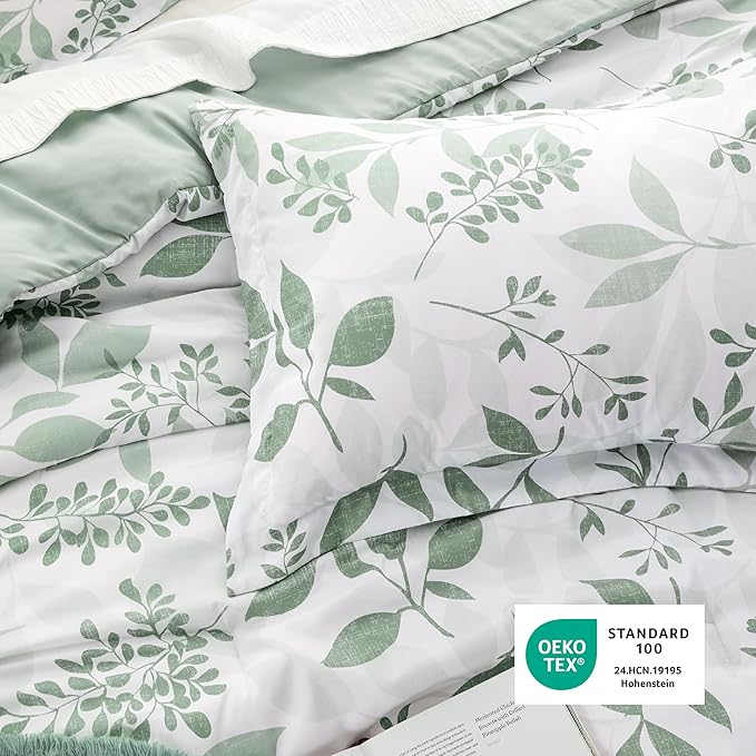 Bedsure Comforter Set Full Size - Cute Floral Bedding Comforter Set, 3 Pieces, 1 Soft Reversible Sage Green Botanical Flowers Comforter and Pillow Shams
