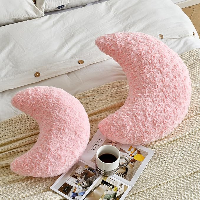 Moon Shaped Pillow with Soft Faux Fur for Couch, Bed, Sofa - Cute Half Moon Pillows with Room Decor for Bedroom, Living Room (19 Inches, Pink)