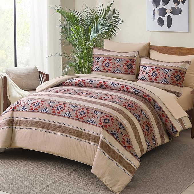 Anibedding King Size Comforter Set 7 Pieces Light Khaki Brown Farmhouse Bedding Comforter Set, Boho Aztec Bed in a Bag Soft Microfiber Bed Set with Sheets, Pillowcases & Shams