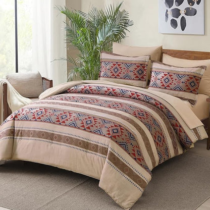 Anibedding Queen Comforter Set 7 Pieces Light Khaki Brown Bedding Comforter Set, Boho Aztec Bed in a Bag Soft Microfiber Bed Set with Sheets, Pillowcases & Shams