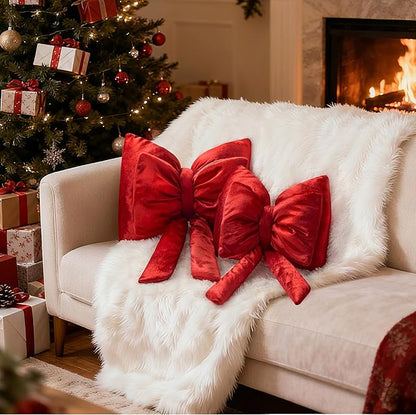 AELS Bow Pillow Decorative Throw Pillow, Shining Velvet Cute Pillow, 15.3"" & 13.7"" for Valentine's Day, Wedding, Christmas, Living Room, Bedroom, Nursery Decor, Red