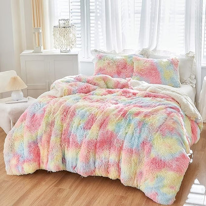 Luxury Faux Fur Shaggy Comforter Set Full/Queen Size, Plush & Sherpa Reversible Comforter Tie Dye Rainbow, 3-Piece Fluffy Fuzzy Bedding Set Ultra Soft and Warm for Winter (1 Comforter + 2 Pillowcases)
