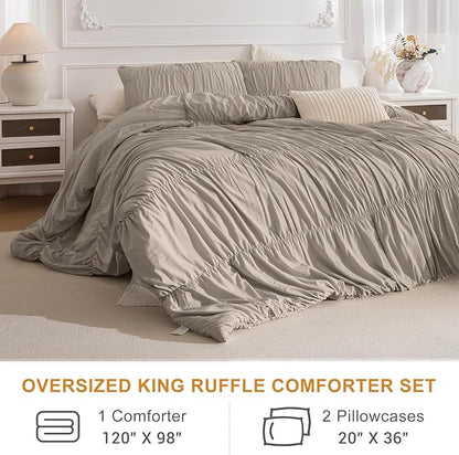 Masaca Oversized King Comforter(120"x98"),Ruched Ruffle California King Comforter Set,3 Pieces Lightweight Linen Color Extra Large Farmhouse Shabby Boho Chic French Country Rustic Bedding Set
