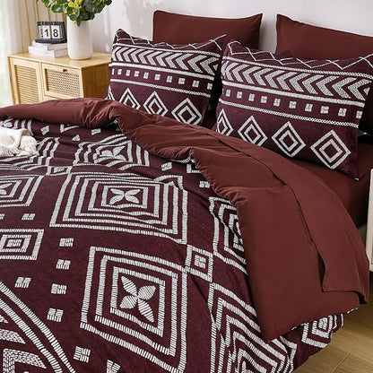 Yiran Burgundy King Comforter Set, 7 Piece Boho Striped Bedding Set, Geometric Aztec Bed in a Bag King, Soft Microfiber Bohemian Complete Bedding Set with Sheets for All Season
