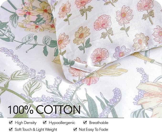 SLEEPBELLA Queen Size Comforter Set Yellow & Pink & Blue Flowers Botanical Pattern Printed on White 100% Cotton Fabric, Ultra Soft Microfiber Inner Fill 3Pcs Bedding Set