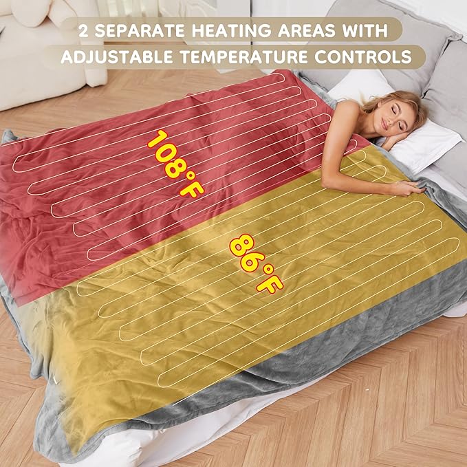 Electric Heated Blanket Queen Size 84"x90", Breathable & Luxurious Flannel, with Dual Control, with 4 Heating Levels & 10 Hours Auto-Off, Fast Heating, Machine Washable, for Bedding-Light Gray