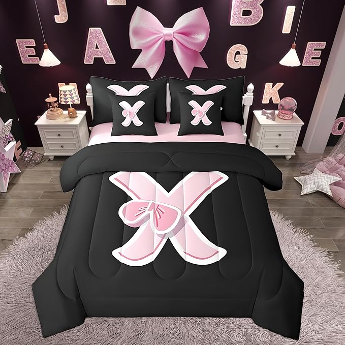 jejeloiu Kawaii Pink Bow King Comforter Set with Sheets,Gifts for Women Teen Girl,Monogrammed 7 Piece Bedding Set,Soft Personalized Initial Letter X Bed in a Bag with Comforter,Sheets,Pillowcases