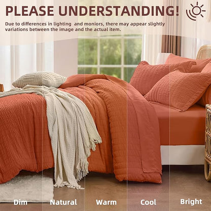 FUANNA Queen Comforter Set 7 Pieces, Luxury Seersucker Bed in a Bag Queen Size for All Seasons, Soft Bedding Set with Comforter, Flat Sheet, Fitted Sheet, Pillowcases & Shams for Bedroom, Burnt Orange