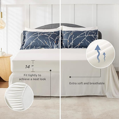 Bedsure Twin Comforter Set - 5 Pieces Floral Navy Blue Bed Set, Tree Branch Pattern Printed Bed in a Bag Twin with Comforter, Sheets, Pillowcase & Sham