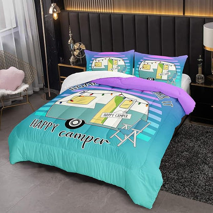 HOSIMA Happy Camping Decor Comforter Set,Cartoon Camper Bedding Queen Size for Kids Teen Girls Boys Room Decor,Camper Accessories for Travel Trailers Themed Bedding with 2 Pillowcases.