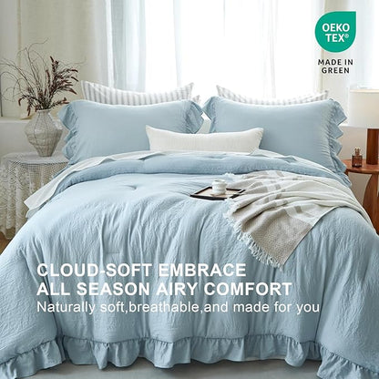 Blue Ruffle Comforter Set Twin, Pre-Washed Shabby Chic Bedding Set, Lightweight Cottagecore Soft Romantic Cozy 1 Comforter & 1 Sham, All-Season
