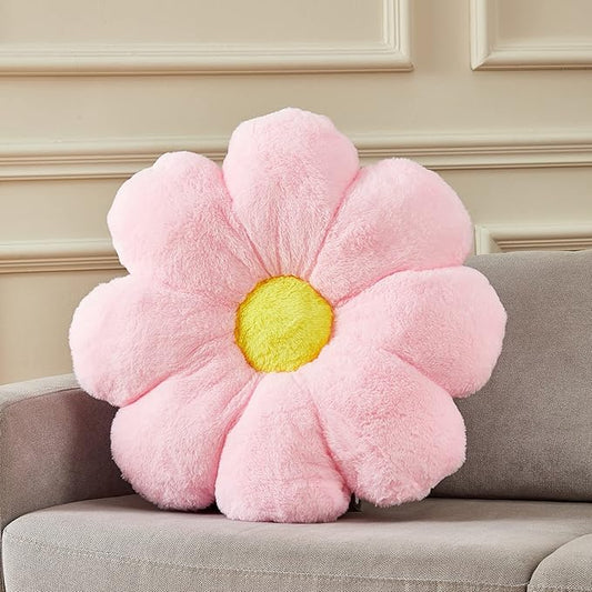Large 21.6" Pink Flower Pillow Floor Pillow & Office Chair Cushion – Faux Rabbit Fur Plush Decorative Pillow, Comfortable Gift for Girls Adults