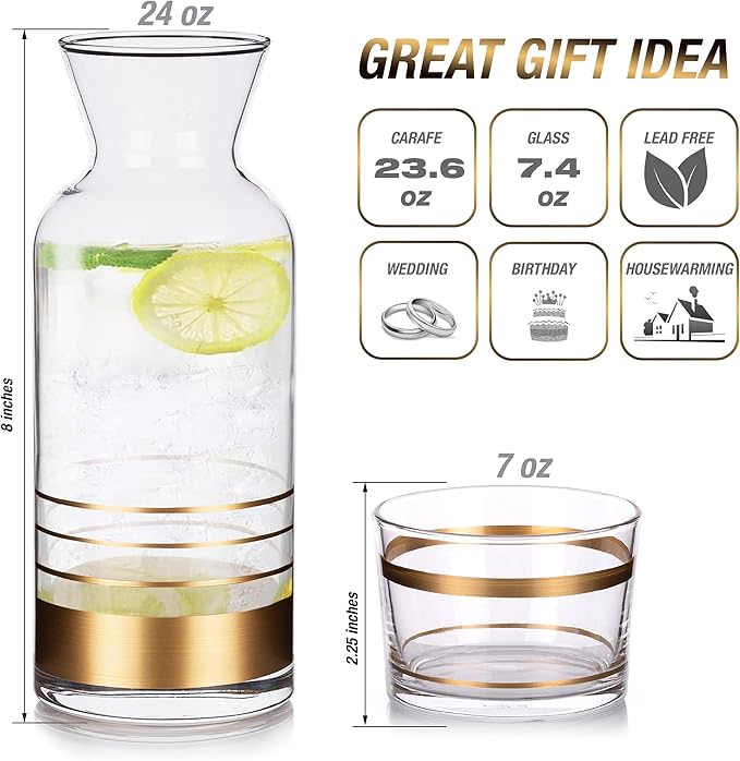 GARIZZE Bedside Water Carafe and Glass Set for Bedroom, Bedside Carafe and Glass Set, Mouthwash Decanter for Bathroom, Water Carafe with Glass Cup for Nightstand (24-oz/7-oz)(GOLD STRIPE)Standard Pack