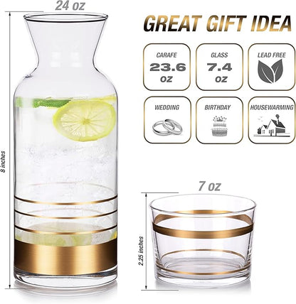 GARIZZE Bedside Water Carafe and Glass Set for Bedroom, Bedside Carafe and Glass Set, Mouthwash Decanter for Bathroom, Water Carafe with Glass Cup for Nightstand (24-oz/7-oz)(GOLD STRIPE)Standard Pack