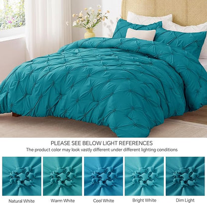 BEDELITE Teal Queen Comforter Set - 3 Pieces Boho Pintuck Bedding Comforter Sets, Lightweight Soft & Warm Bed Comforter Queen with 2 Pillowcases for All Season