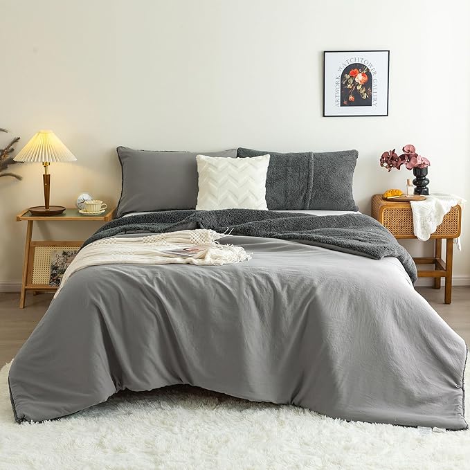 COTTEBED Warm Full Queen Comforter Set Reversible Sherpa Comforter and Pillow Shams, Soft Cozy Fluffy Washed Cotton Lightweight Bedding Down Comforter Queen Set Size for Bedroom Winter Christmas,Brown