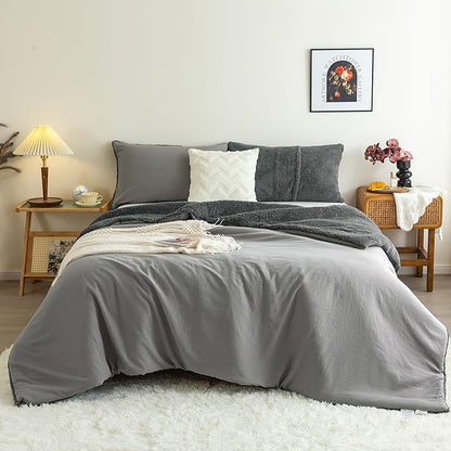 COTTEBED Warm Full Queen Comforter Set Reversible Sherpa Comforter and Pillow Shams, Soft Cozy Fluffy Washed Cotton Lightweight Bedding Down Comforter Queen Set Size for Bedroom Winter Christmas,Brown