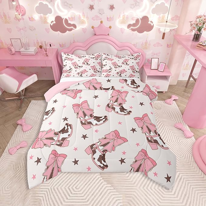 Feelyou Pink Western Bedding Set Cowgirl Cowboy Boots Comforter Set for Kids Boys Girls Teens Room Decor Cute Bowknot Dreamy Princess Style Comforter Twin Size Stars Print Duvet Set 2Pcs