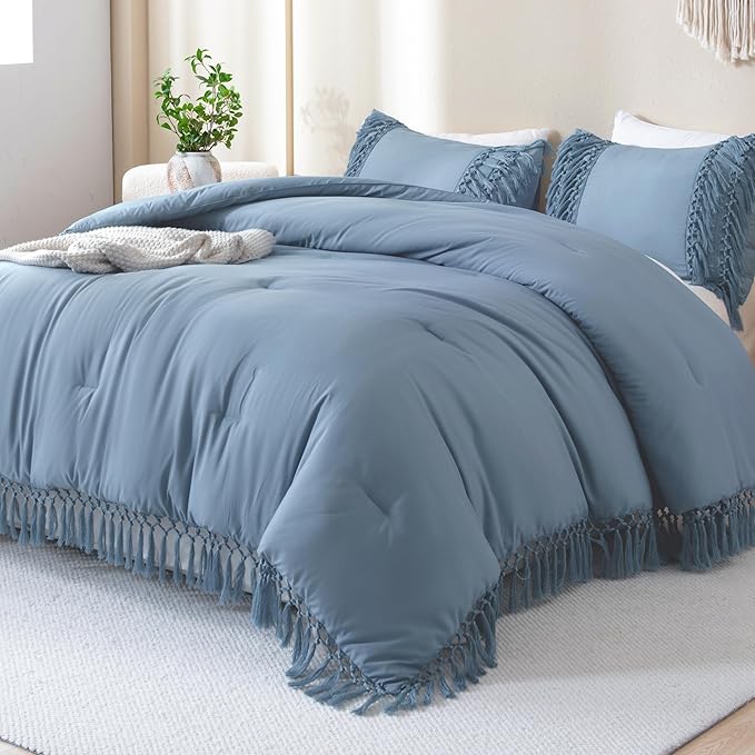 Andency Grayish Blue Full Size Comforter Set, 3 Pieces Boho Tassel Lightweight Soft Bedding Comforter Sets, All Season Fluffy Fringe Bed Set (79x90In Comforter & 2 Pillowcases)