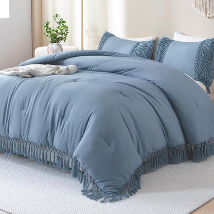 Andency Grayish Blue Full Size Comforter Set, 3 Pieces Boho Tassel Lightweight Soft Bedding Comforter Sets, All Season Fluffy Fringe Bed Set (79x90In Comforter & 2 Pillowcases)