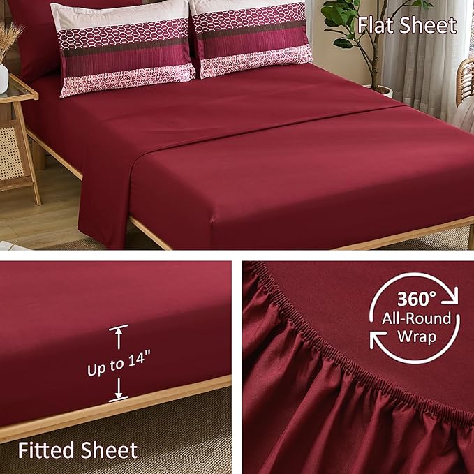 DJY Boho Comforter Set Queen Size,7 Pieces Bed in a Bag Burgundy Red Striped Bedding Sets,Patchwork Soft Microfiber Bedding Set for All Season(90"×90")