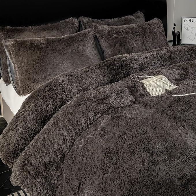 chovy Faux Fur Plush Gray Comforter Sets Twin/Full Size - Ultra Soft Shaggy Flannel Velvet Fluffy Fuzzy 3PC Bedding Set （Comforter x 1 Pillowcases x 2）