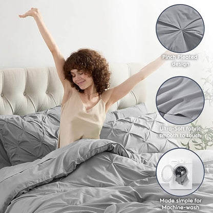 Nestl Queen Comforter Set 7 Piece - Pinch Pleated Comforters Queen Size Grey, Bed in a Bag Queen All Season, Queen Size Comforter Sets Bedding with Flat Sheet and Fitted Sheet, Pillowcases and Shams