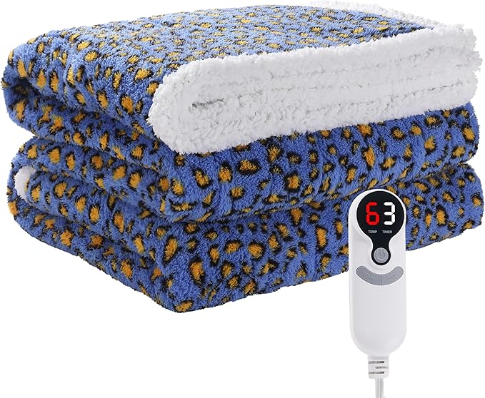 Electric Heated Blanket Throw Size 50"×60" with 9 Heating Levels & 1-10 Hs auto Off, Heating Throw Double Sided Sherpa, Energy Efficient, Machine Washable, Leopard Print Blue & Yellow