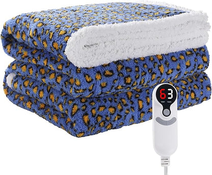 Electric Heated Blanket Throw Size 50"×60" with 9 Heating Levels & 1-10 Hs auto Off, Heating Throw Double Sided Sherpa, Energy Efficient, Machine Washable, Leopard Print Blue & Yellow