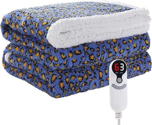 Electric Heated Blanket Throw Size 50"×60" with 9 Heating Levels & 1-10 Hs auto Off, Heating Throw Double Sided Sherpa, Energy Efficient, Machine Washable, Leopard Print Blue & Yellow