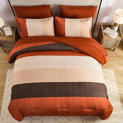 Anibedding Terracotta Queen Comforter Set 7 Pieces, Burnt Orange Bedding Comforter Set for All Season, Patchwork Striped Bed in a Bag with Sheets