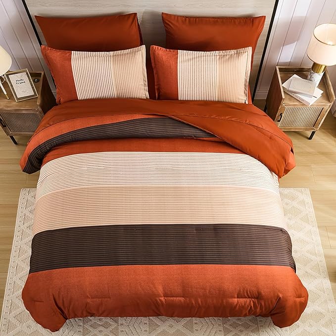 Anibedding King Size Terracotta Comforter Set 7 Pieces, Burnt Orange Bedding Comforter Set for All Season, Patchwork Striped Bed in a Bag with Sheets