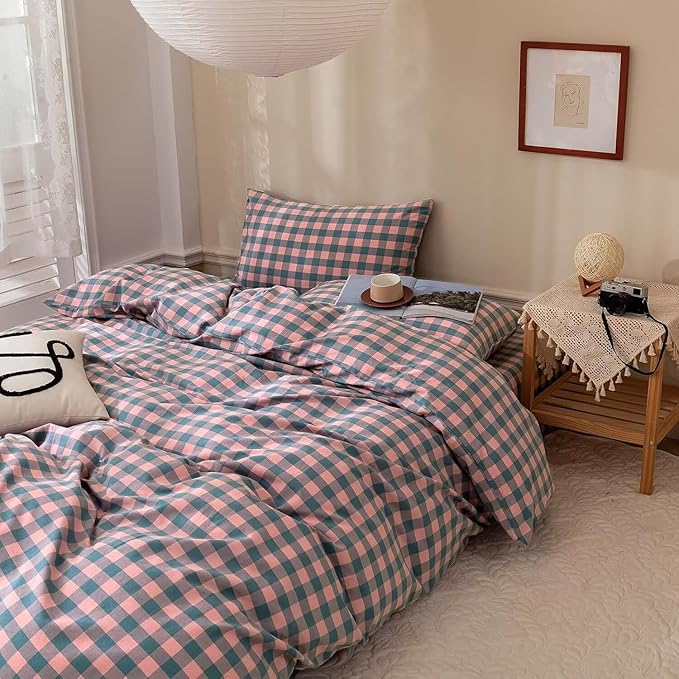 mixinni Plaid Comforter Set Queen - 3 Piece Soft Geometric Checkered Comforter with 2 Pillow Shams, Modern Gingham Pattern Bedding Set for All Season, Breathable & Soft Cozy (Pink, Purple, Blue)