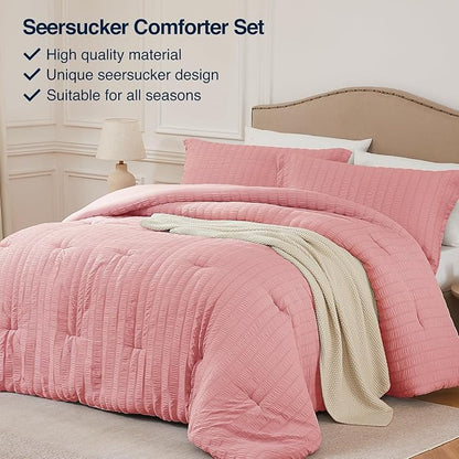 King Comforter Set Peach Pink,3PCS Seersucker Lightweight Bedding Comforter for All Season, King Size(104''×90'' Comforter & 2 Pillowcases)