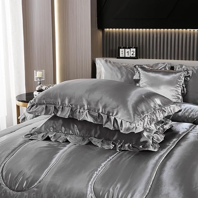 Satin Comforter Set with Sheet Set King 8 Pieces Silk Like Grey Bedding Silky Ruffle Pattern Luxury Silky Comforter Set with 1 Cushion Cover