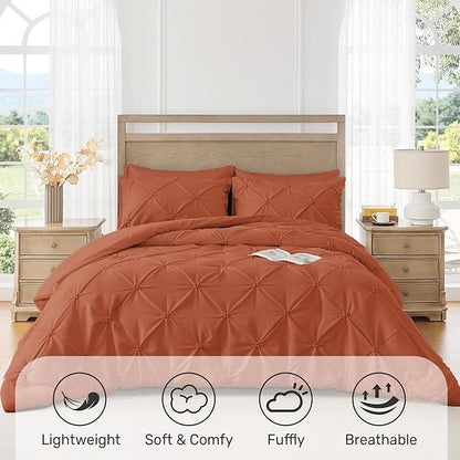 UNIKOME King Size Comforter Set Burnt Orange - Ultra Soft Boho Pintuck Down Alternative Bedding Set for All Seasons, 3 Pieces Lightweight Warm Pinch Pleat Bed Set with Comforter, 2 Pillowcases