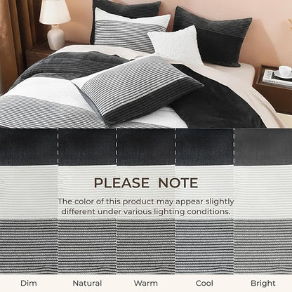 Litanika Fluffy Fleece Full Size Comforter Set, Luxury Soft Plush Fuzzy Grey White Stripe Bedding Comforter Sets, Warm Shaggy Faux Fur Bed Set All Season (1 Comforter, 2 Pillowcases)
