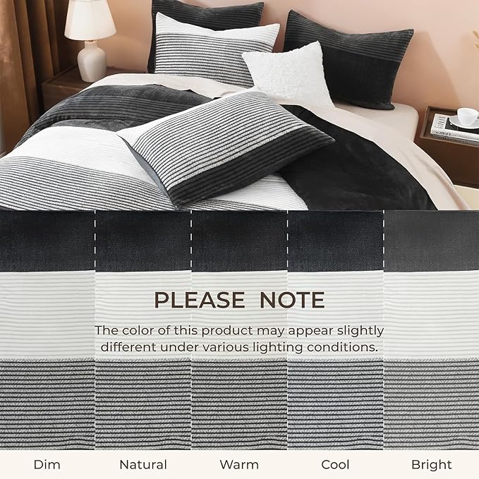 Litanika Fluffy Fleece Queen Comforter Set, Luxury Soft Plush Fuzzy Grey White Stripe Bedding Comforter Sets, Warm Shaggy Faux Fur Bed Set All Season (1 Comforter, 2 Pillowcases)